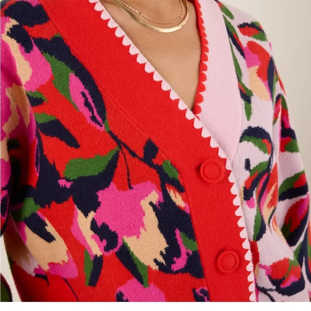 V-Neck Floral Colorblock Button Cardigan Sweater - Pink & Red